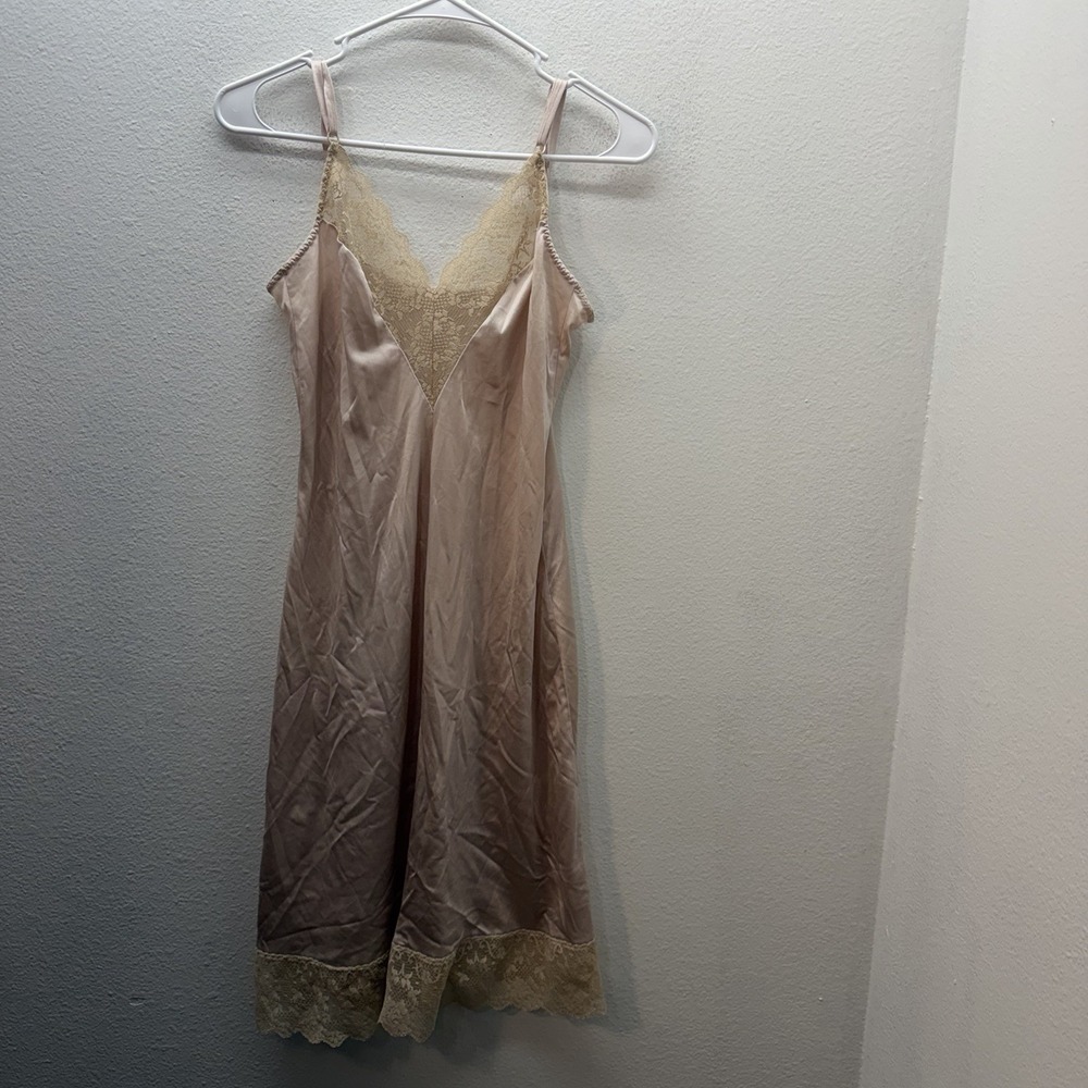 VTG Lilly Of France Nightgown Satin‎ Slip Dress Midi SZ 34 Tan Lace M Babydoll